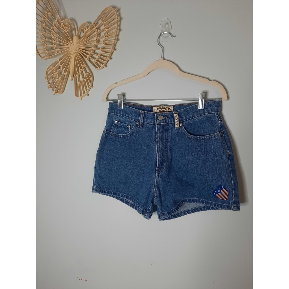 Vintage Sasson High Waisted Denim Shorts Blue Heart American Flag Patch Size 7/8